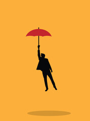 Silhouette of Business Man Flying on Umbrella. People and activities at white collar work, success and motivation concept