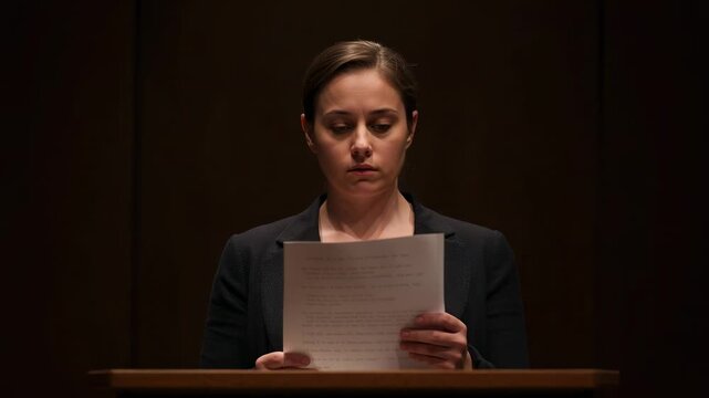 Pausing, reading woman in blazer with typed sheet at lectern in court under spotlight, testifying