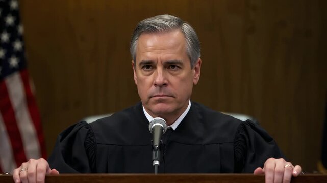 Sitting judge wearing judicial robe holding bench preparing remarks at court with mic, US flag
