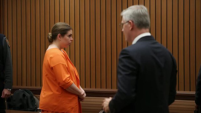 Standing woman in orange jumpsuit clasping in court, case starting while dark-suit lawyer gesturing