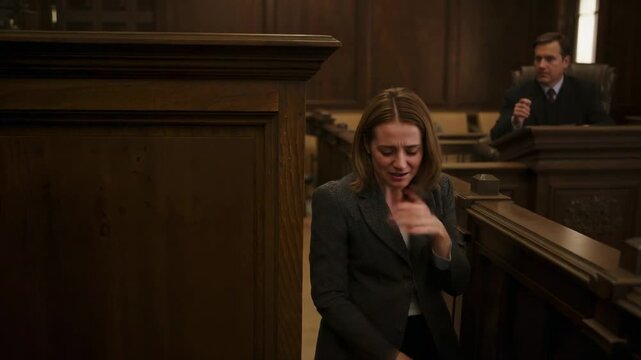 Reacting witness in dark suit leaving lectern in court, covering mouth after man asking with mic