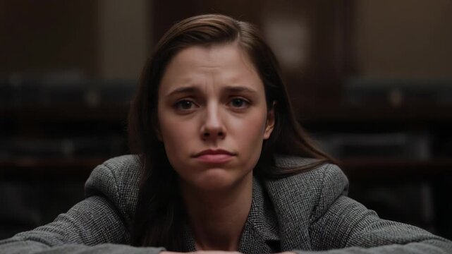 Leaning woman in grey blazer shifting on wooden chair back in hearing room as testimony starts