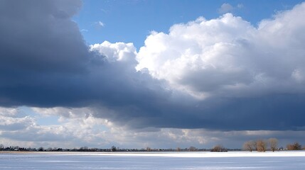 Obraz premium Vast Winter Landscape Featuring Snow-Covered Field and Dramatic Cloudy Sky with Sunlight Breaking Through the Clouds