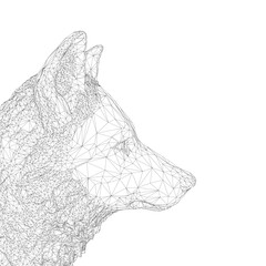 A polygonal wireframe illustration of a wolf head, constructed from geometric triangles and lines against a clean white background. This stylized portrait evokes the sleek profile.