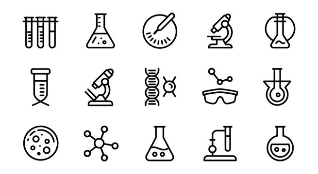 Minimal black line icon set for science research and laboratory equipment featuring DNA structures microscope test tube and chemical symbols
