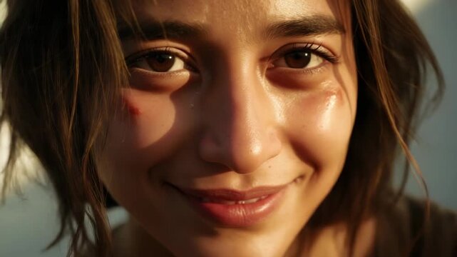 Responding to golden sun, woman lifting gaze and calming after crying, tear tracks and cheek scrape