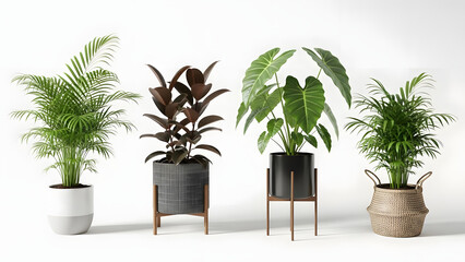 Collection of four potted houseplants with lush green foliage, displayed against a white background