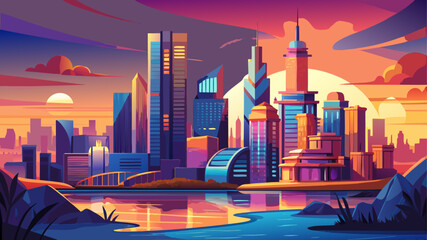 A vibrant skyline featuring contemporary towers, warm sunset glow, and a dynamic riverside foreground capturing the lively spirit and urban growth of a well-known Virginia metropolitan region.