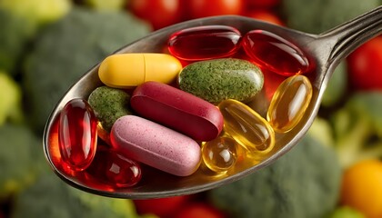 Colorful dietary supplements and vitamin pills on a metal spoon against fresh vegetables background, showcasing health and nutrition concept.