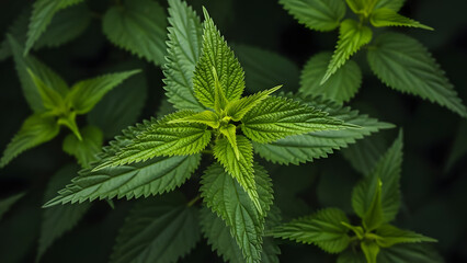 Close-up of vibrant green nettle leaves, showcasing their serrated edges and detailed texture against a dark, blurred background