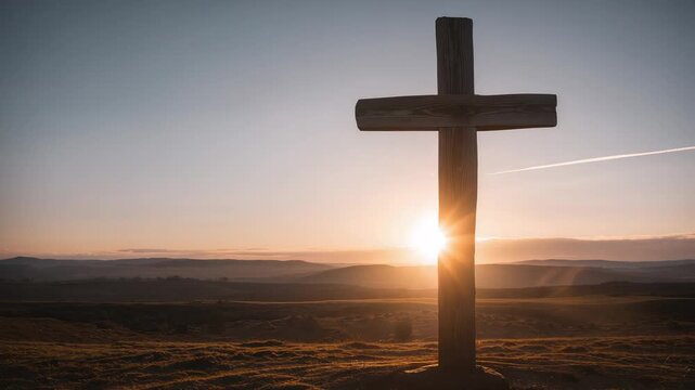 Rising sun illuminating wooden cross on hilltop, warming horizon and revealing contrail