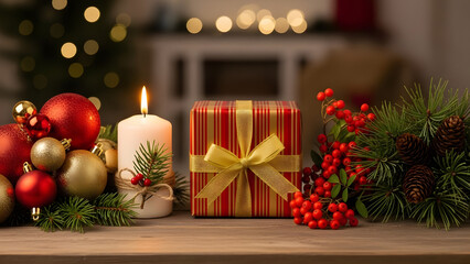 Cozy holiday scene with a lit candle, elegant gift box, and festive Christmas decorations arranged on a wooden surface, creating a warm and inviting seasonal atmosphere