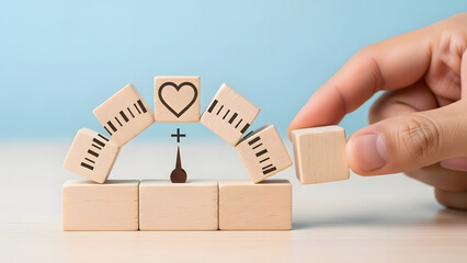 Constructing a spiritual community Hand carefully places a wooden block to complete an arc of faith, love, and harmonious unity