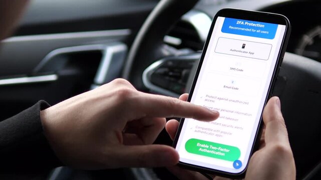 Step by step close up of a person enhancing their account security by setting up two factor authentication (2FA) via an app, culminating in a successful confirmation notification.