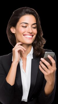 businesswoman is looking at her phone as she is enjoyng the offer and making pointing finger gesure; female isolated over black background