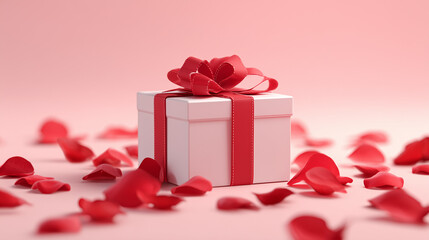 Obraz premium A beautifully wrapped gift box surrounded by rose petals, perfect for Valentine's Day celebrations.