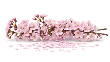 Cherry blossoms branch with delicate pink flowers and fallen petals on white background
