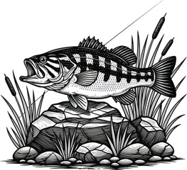 Detailed largemouth bass illustration on rocks with aquatic plants