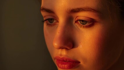 Reflecting quietly, woman with hoop earring shedding tear at window, tear rolling down cheek
