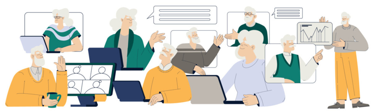 Old People Character Use Internet and Modern Gadget Vector Set