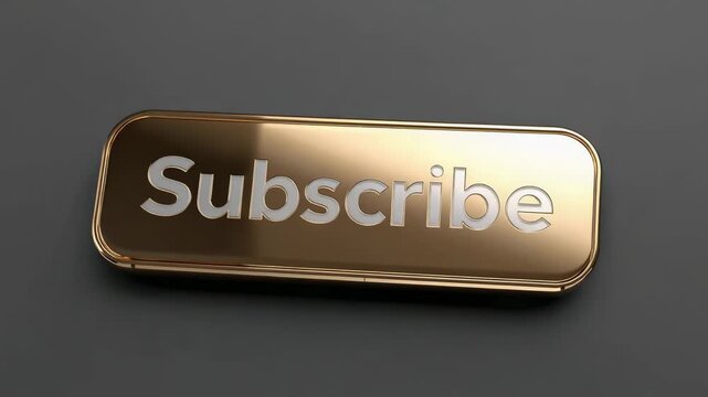 Rotating gold Subscribe button leveling to center on dark matte table, light shifting specular band