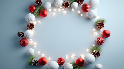 Obraz premium Festive Holiday Ornament Frame with Pine Cones and Lights on a Soft Blue Background for Winter Theme Designs and Seasonal Greetings