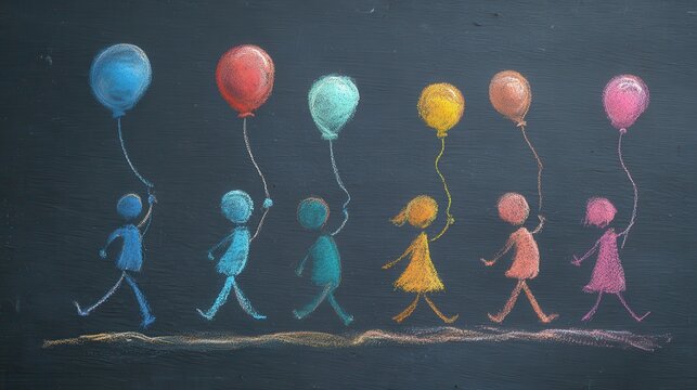 Colorful figures joyfully walking with balloons on a chalkboard background, representing happiness and celebration.