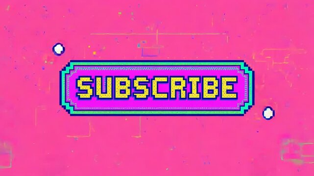 Starting blue sprites circling pixel SUBSCRIBE button on magenta field, encouraging clicks