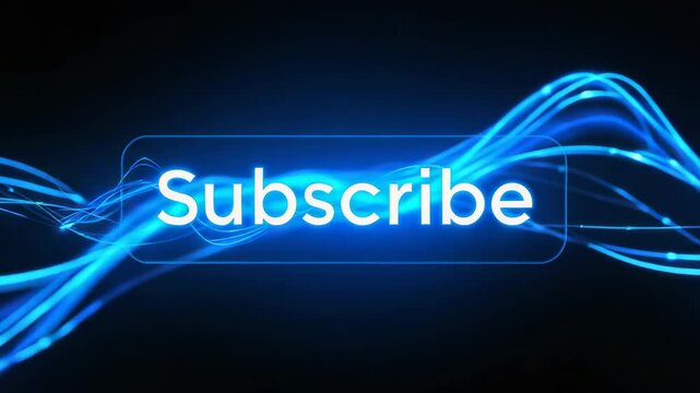 Animating central glowing Subscribe label reacting to moving blue waveforms, sparks tracing in void