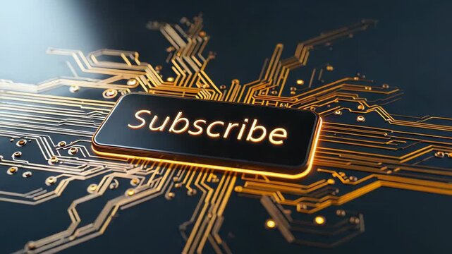 Tilting and zooming shot revealing Subscribe button glowing on circuit board, encouraging signup