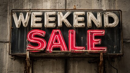 Fototapeta premium Neon sign displaying 'Weekend Sale' promotes shopping excitement and great deals for customers. Perfect for advertising concepts.