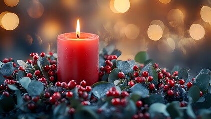 Red candle glowing among holly berries and leaves with warm bokeh lights creating festive Christmas holiday atmosphere for seasonal decorations.
