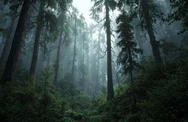Obraz premium Misty forest, tall trees, dense woodland, fog, serene mood, soft light embrace