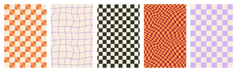 Set of Y2K funky retro groovy simple checkered background. Retro pattern with a groovy checkerboard design.