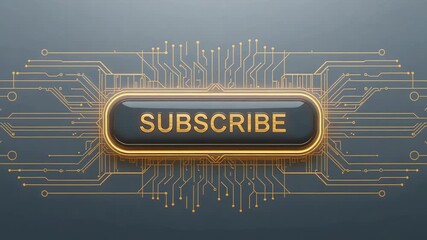 Pulsing SUBSCRIBE button sending electric pulse across tech stage drawing focus with gold circuitry - Powered by Adobe