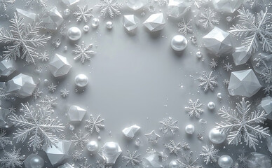 Elegant 3D Winter Composition: Faceted Silver Snowflakes and Pearls composed in Frame on Soft white Background for Festive Christmas Cards, Holiday Invites, and Decorative Graphics