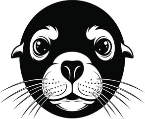 Cute seal face vector illustration in black and white