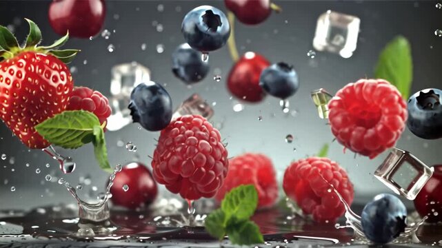 Raspberries, blueberries, strawberries, cherries in an ice cube on a dark background