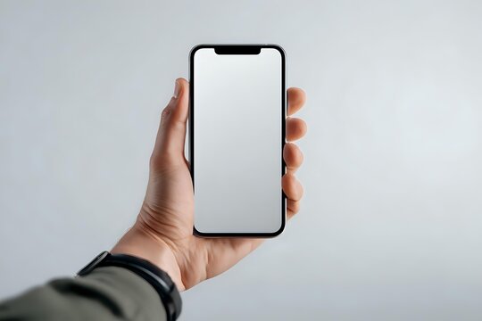 Hand holding modern smartphone with blank white screen against neutral background for mockup presentations and app development projects. - Powered by Adobe