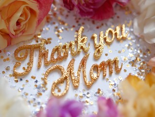 Thank you Mom text, greeting card for Mothers Day with flowers and glitters on background