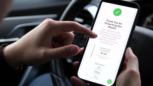 A donor receives immediate, detailed feedback after making an environmental contribution through a mobile app. The hands read the confirmation that includes both the sum donated and its designated