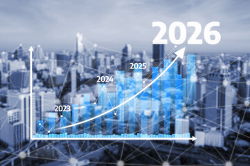 A modern urban skyline featuring a financial growth graph that illustrates trends and projections from 2023 to 2026, emphasizing data analysis in business. Tessel