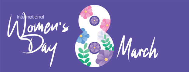 Floral Women’s Day celebration horizontal banner with modern floral 8 March background, elegant website header layout, 8 March womens day social media cover, header design for marketing and promotions