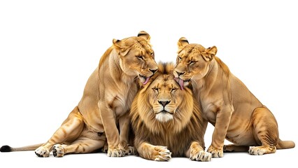Majestic Lion Family Portrait Isolated on White Background.