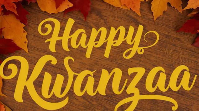 Zooming Happy Kwanzaa script enlarging on wood panel frame changes causing crop, autumn leaves