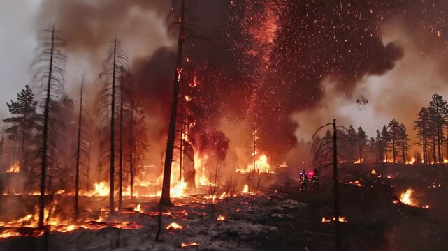Two brave firefighters stand amidst a raging forest wildfire with intense flames and thick smoke engulfing the dark timberland landscape at night