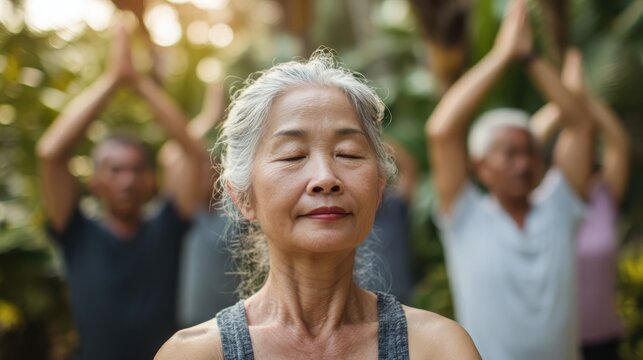 A serene elderly woman practicing yoga outdoors, surrounded by nature, embodying peace, mindfulness, and inner strength.