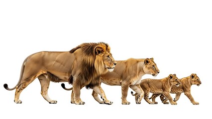 Obraz premium Majestic Lion Family Walking Together Isolated on White Background.