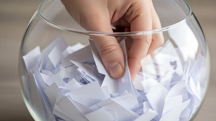 hand holding a glass of water, A hand reaching into a clear glass bowl filled with white paper slips. The slips are all different and each represents a potential winner	
