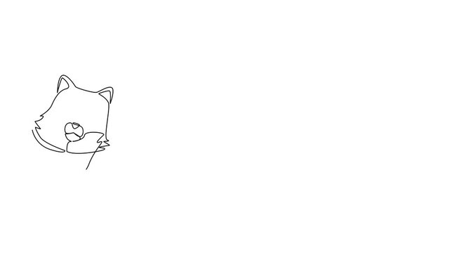 Self drawing animation of single line drawing of a cat lifting its paw in a friendly greeting, created as an animal concept illustration for Say Hi Day, symbolizing joyful. Full length animated